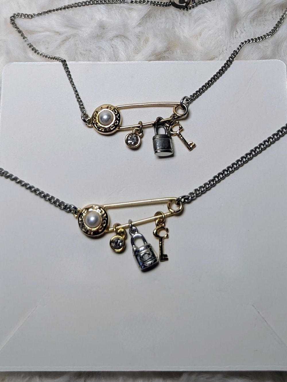 Coach Two-Tone Safety Pin Necklace And Bracelet with Pearl and Lock Charms - Picture 2 of 2